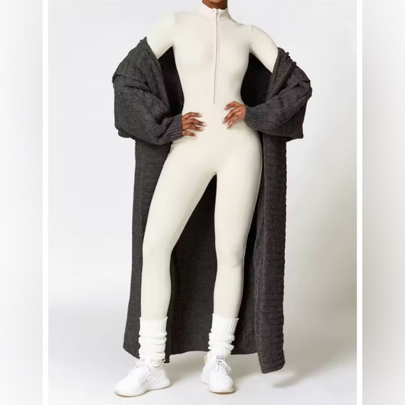 Winter White Zipper Seamless Jumpsuit, Yoga Onsie